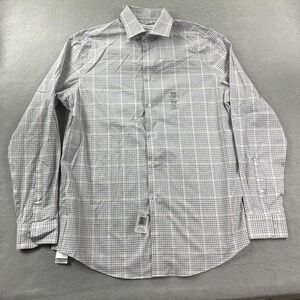 Calvin Klein Shirt Mens 15.5 White Plaid Steel Button Up Regular Fit Stretch